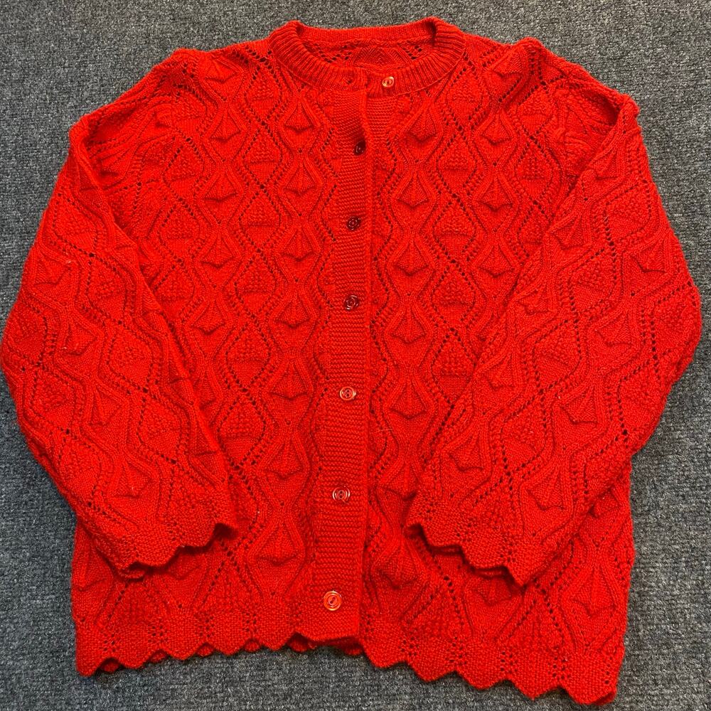Vintage Handmade Size XL Red Crotchet Knit Granny Cardigan Sweater Scalloped Hem
